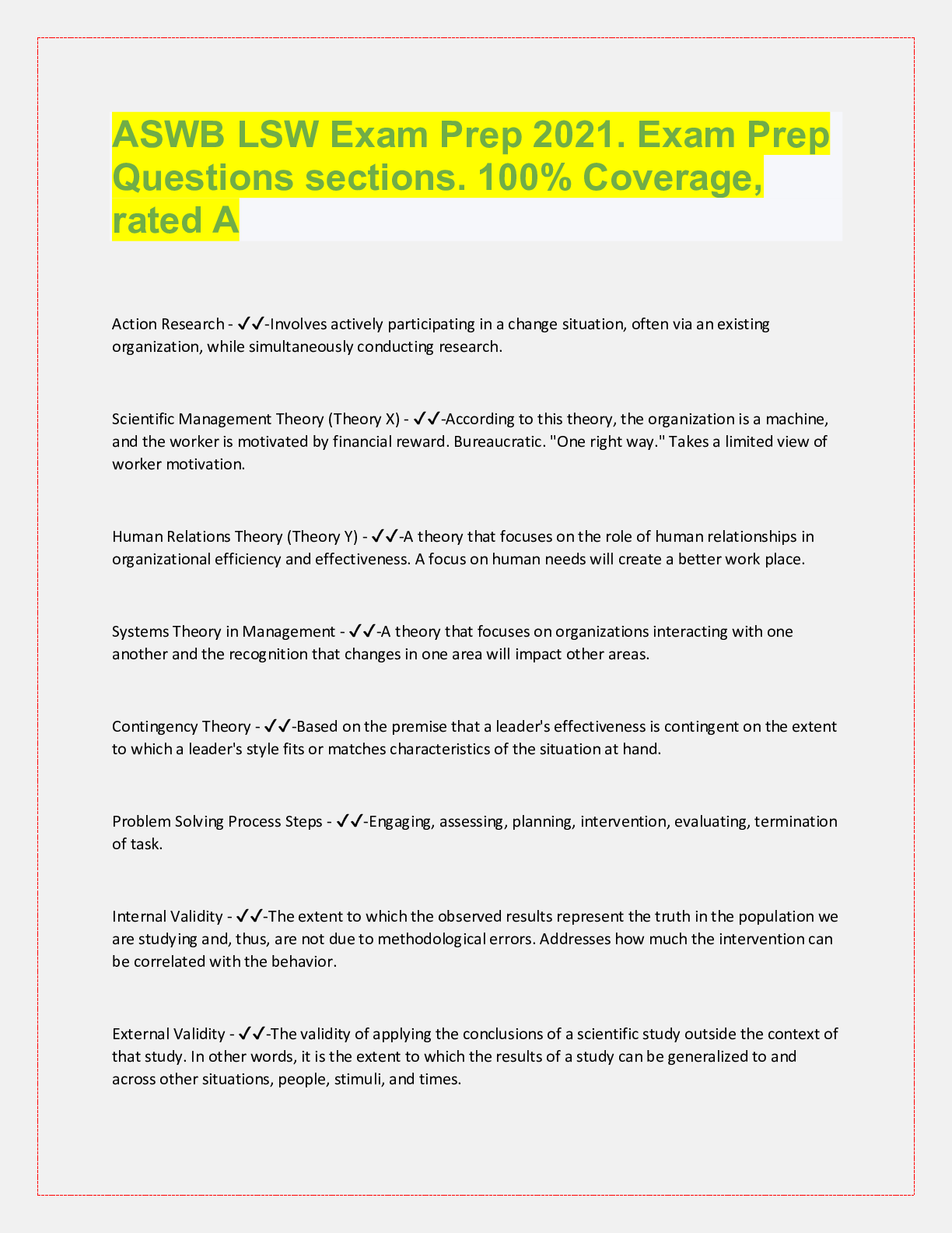 Preview of ASWB LSW Exam Prep 2021. Exam Prep  Questions sections. 100% Coverage,  rated A